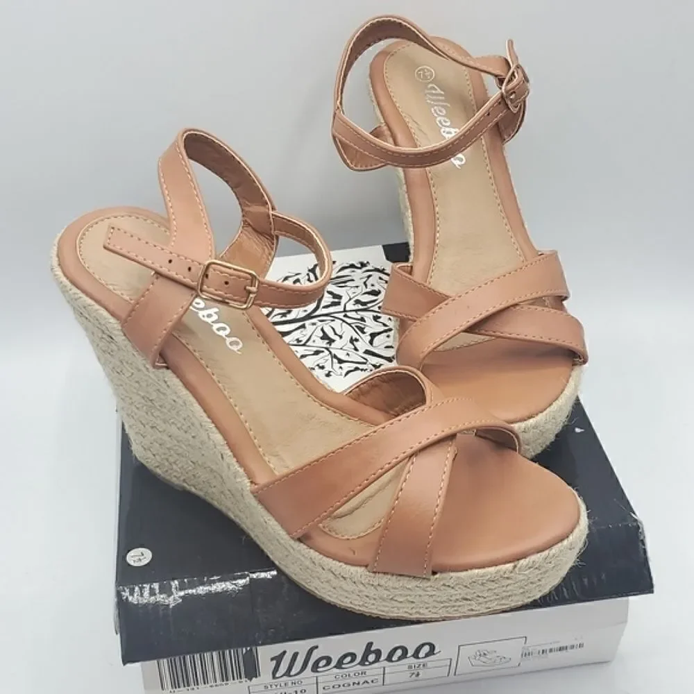 Weeboo Tan Mid High Heel Wedge Strappy Buckle Espadrille Sandals Size 7.5